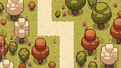 Aerial View of a Serene Landscape with Trees and Pathway in a Stylized Illustration