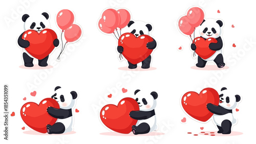 Adorable pandas with red heart balloons in various playful poses on white background