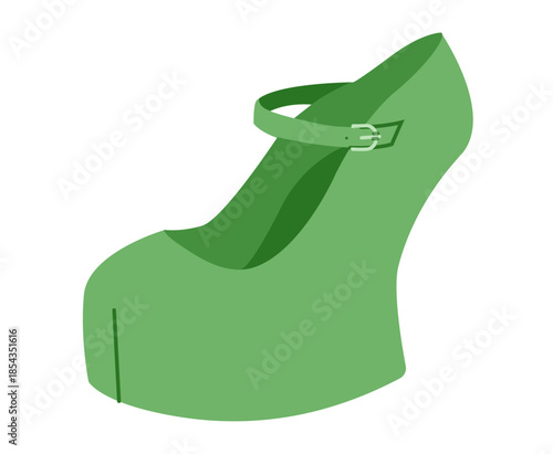 Green platform Mary Jane women flat shoe. Strap round toe dress footwear for party, festival, street look. Technical fashion illustration, CAD mockup, smooth vector men unisex isolated trendy style.
