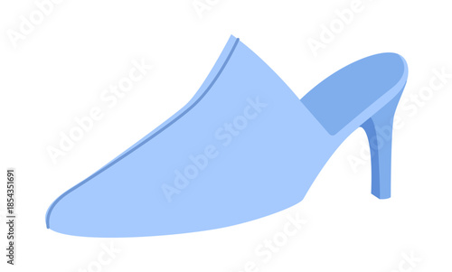 Blue mule shoe women flat. Open back mid heel shoe for brunch, garden party, warm season look, capsule closet. Technical fashion illustration, CAD mockup, smooth vector men unisex isolated fresh style