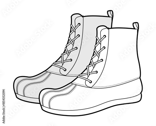 Lace-up duck boot women sketch pair. Rounded toe with padded collar for adventure, hiking, exploration. Technical fashion illustration CAD mockup detailed vector men unisex isolated elegant style.
