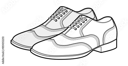 Brogue mens lace shoes sketch pair. Perforated leather footwear with classic wingtip detail smart casual office style. Technical illustration CAD mockup sketch vector outline isolated on white
