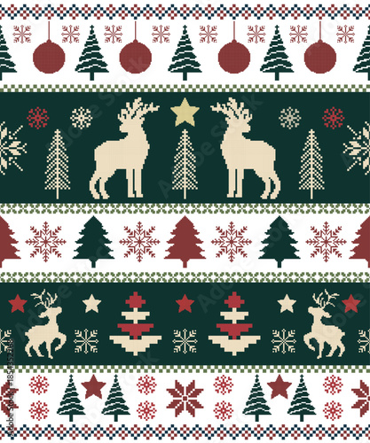 Christmas knit pattern with reindeer, pine trees, snowflakes and festive ornaments in Scandinavian Nordic style. Cozy winter vector design suitable for holiday background, wrapping paper, textile