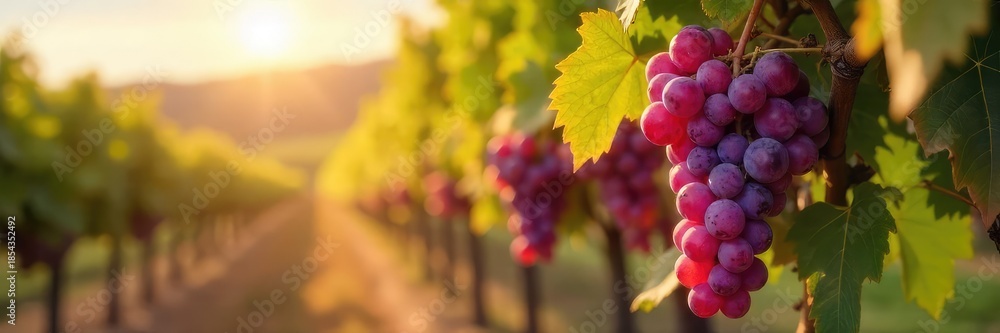 Fototapeta premium Sun-drenched bunches of ripe grapes hanging heavy on the vine, ready for harvest A picturesque scene of autumnal abundance in a vineyard , harvest time, rural, winemaking