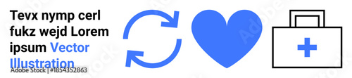 Health care, medical services, wellness, first aid, life cycle, health monitoring. Blue heart, refresh arrows medical kit with a cross icon. Health care and wellness concepts