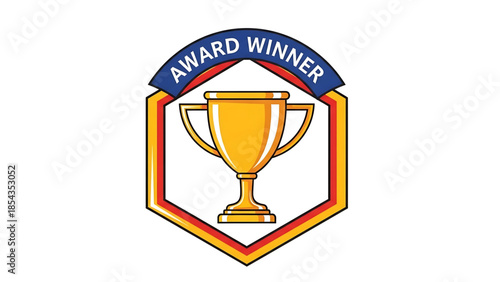 Golden trophy award winner emblem with blue ribbon banner and hexagonal frame in red and yellow colors on white background