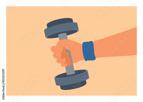 Hand holding fitness barbell. simple flat illustration.
