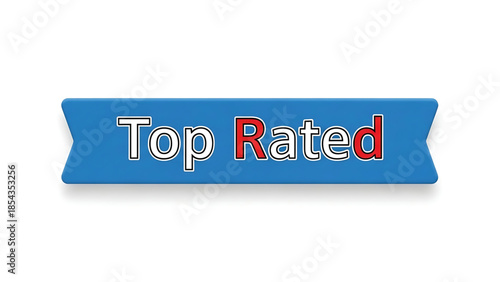 Blue ribbon banner with the words top rated in white and red letters for endorsement or best quality awards