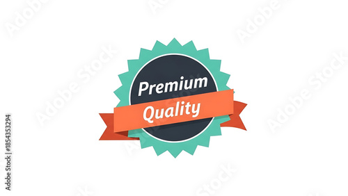 Premium quality badge with teal starburst and orange ribbon, vector illustration on white background, best choice award seal
