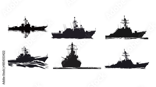 Black silhouette of a warship, military naval vessel battleship vector icon