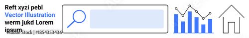 Search optimization, website navigation, digital analytics, data trends, online tools, business insights. Magnifying glass, bar graph line chart and home icon. Search optimization and website