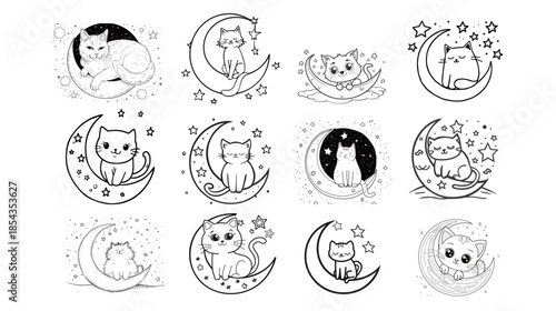 Bold and easy cartoon cat sitting on a crescent moon with twinkling stars, cute night illustration expressing calm bedtime mood, dreamy fantasy feeling, and friendly modern vector design style