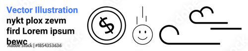 happy face falling toward a dollar coin with abstract waves, lines, and motion elements. Ideal for finance success, happiness, flow, motion dynamics, currency focus, business success abstract line