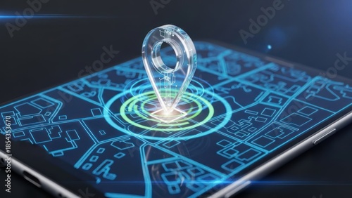 Glowing 3D location pin icon on a digital map displayed on a tablet screen, symbolizing GPS navigation, precise location tracking, and mobile technology.