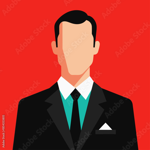 a faceless man wearing a formal black suit, teal shirt, and black tie