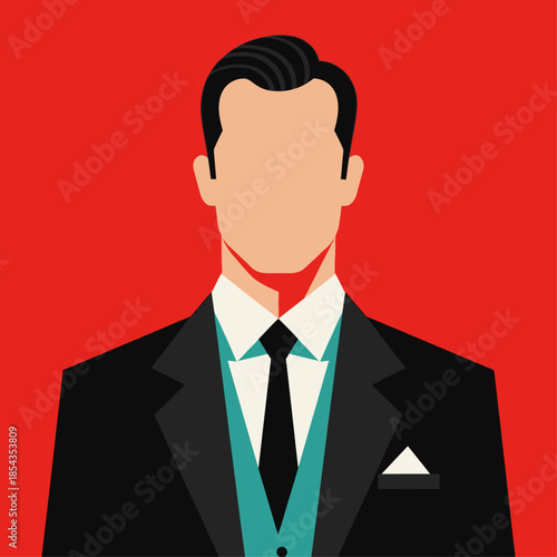 a faceless man wearing a formal black suit, teal shirt, and black tie