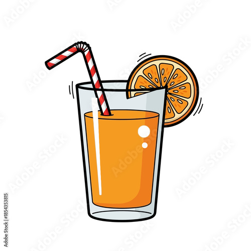 a glass of fresh orange juice with a red straw and a slice of orange on the rim