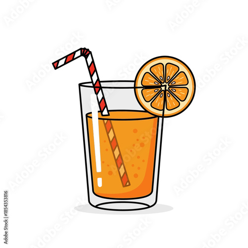 a glass of fresh orange juice with a red straw and a slice of orange on the rim