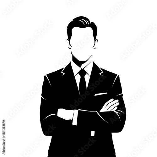 a professional businessman wearing a formal suit and tie, standing with arms crossed