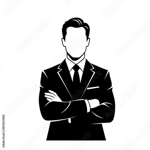 a professional businessman wearing a formal suit and tie, standing with arms crossed