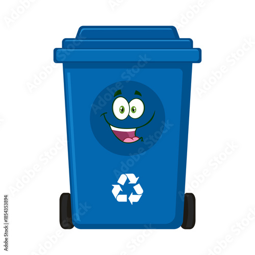 Cute blue recycling bin cartoon with smiling face and recycle symbol, isolated on white background