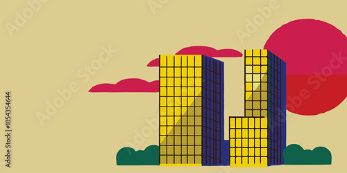 Futuristic urban skyline aerial view at sunset with reflective glass architecture