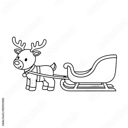 Adorable Christmas reindeer harnessed to a traditional sleigh outline.