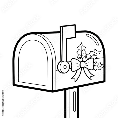 Coloring page illustration of a Christmas mailbox with a holly bow.