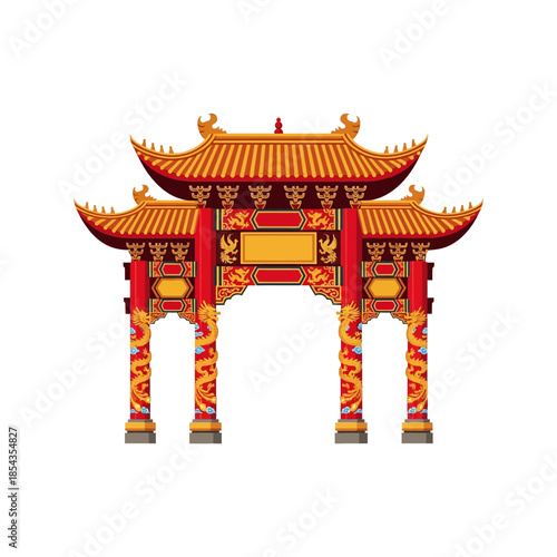 Traditional Chinese Gate (Paifang) with Dragons and Phoenixes, Red and Gold Oriental Archway Illustration