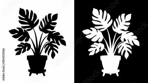 Potted Monstera Deliciosa Plant Silhouette Icon Vector Illustration