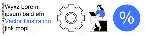 Workflow optimization, productivity, automation, financial analysis, business technology, decision making. Gear icon beside a person using a laptop and a percentage symbol. Workflow optimization
