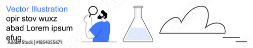 Science, research, education, laboratory , investigation, innovation concepts. Minimalist artwork a scientist, a laboratory flask and a cloud icon. Science and research themes