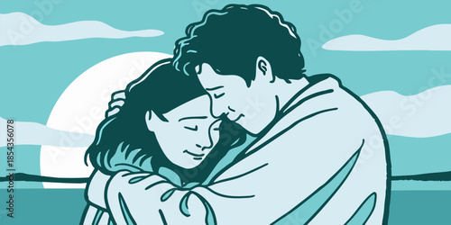 Tender couple embrace in soft sunset light, conveying warm affection