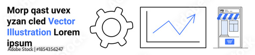 Business strategy, growth analysis, entrepreneurship, online commerce, market development, small business goals. Gear symbol, growth chart and storefront image. Business strategy and growth analysis