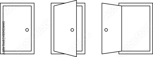 Minimal outline door icon set showing closed, half open and open door states. Clean modern design suitable for access, entry, exit, security, UI, infographic, and business concepts.