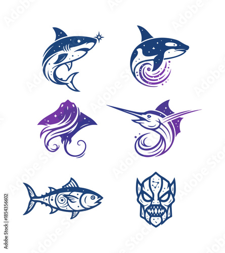 Cosmic marine life collection featuring various ocean creatures