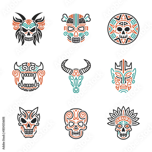 Decorative skulls and mask designs for cultural and symbolic imagery