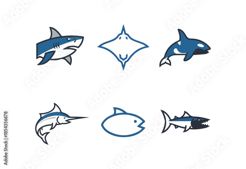 Marine animal silhouettes shark swordfish ray and various fish illustrations