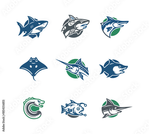 Stylized fish illustrations set on black background