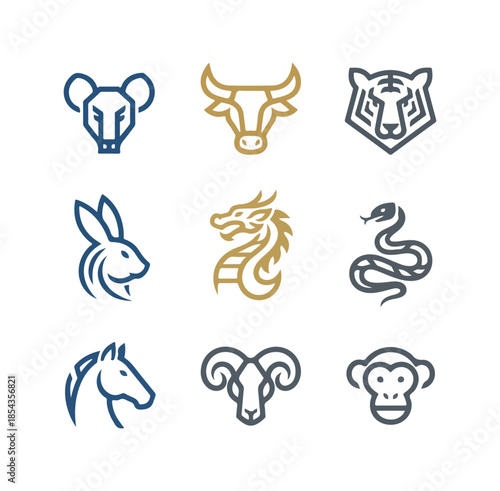 Stylized zodiac animal heads against dark background