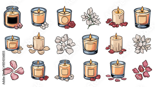 Collection of decorative candles and flowers arranged in a pattern