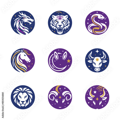 Zodiac animal symbols in circular design dark blue purple stars elements
