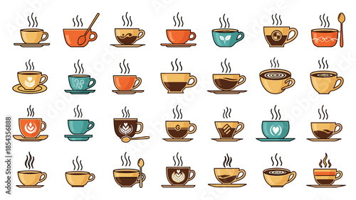 Collection of various colorful hot coffee cups and mugs arranged neatly