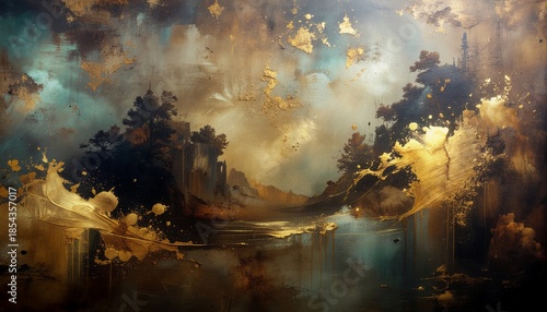 Ethereal Golden Landscape Abstract Painting Featuring Mystical Clouds, Ancient Trees, and Serene Reflective Waters, a Dreamlike Vision of Tranquility
