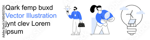 Renewable energy, environmental education, green technology, innovative solutions, clean power, sustainable living. Icons of people exploring energy concepts and a bulb with solar and wind symbols