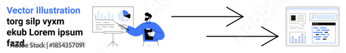 Data analysis, digital transformation, workflow management, technology, information exchange, business insights. Character presenting bar charts to demonstrate data flow. Data analysis and digital