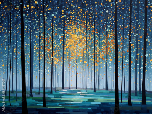 rain falling through forest trees in soft rhythm