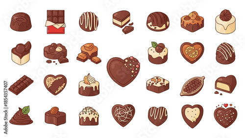 Assorted chocolates and confections on a plain white surface