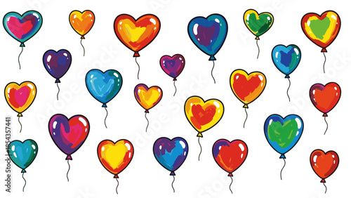 Collection of colorful heartshaped balloons floating