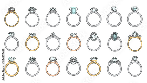 Collection of various colorful engagement and wedding rings